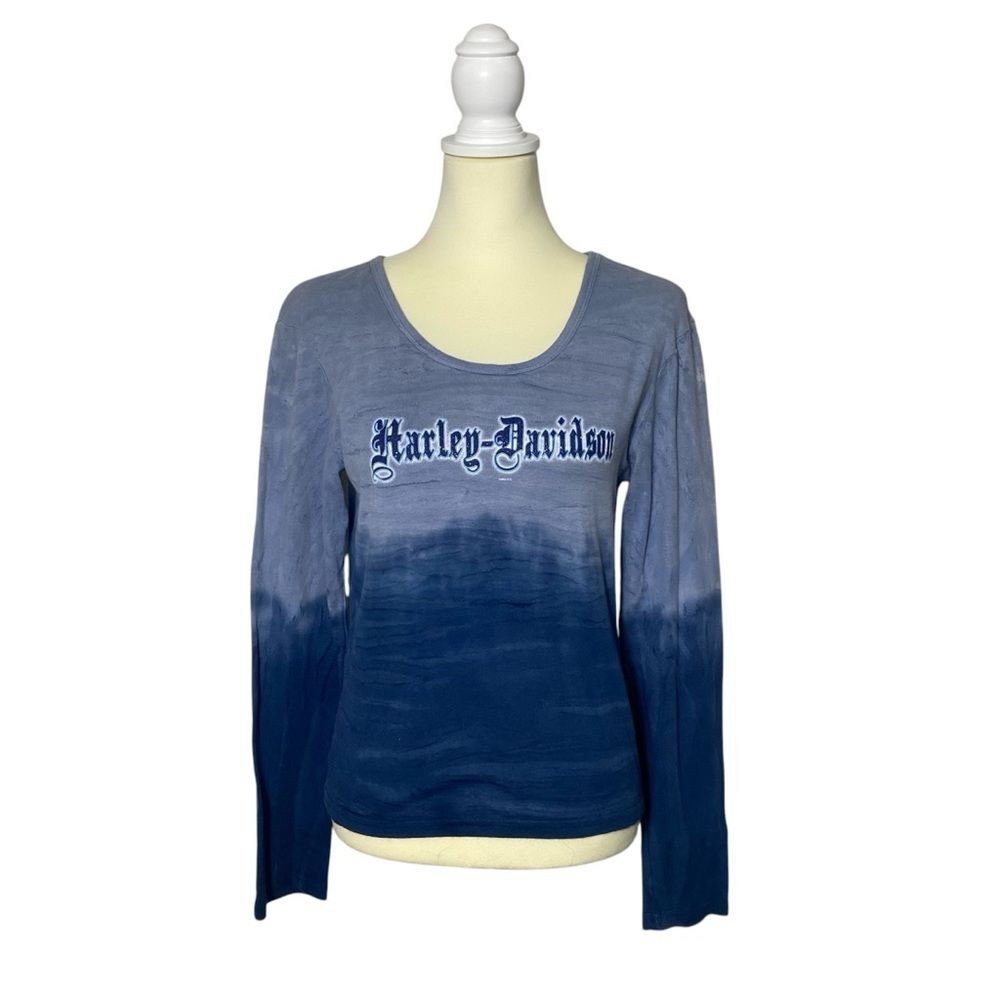 Vintage Y2K Harley Davidson Blue Tie Dye Long Sleeve T-Shirt Women's Size Large